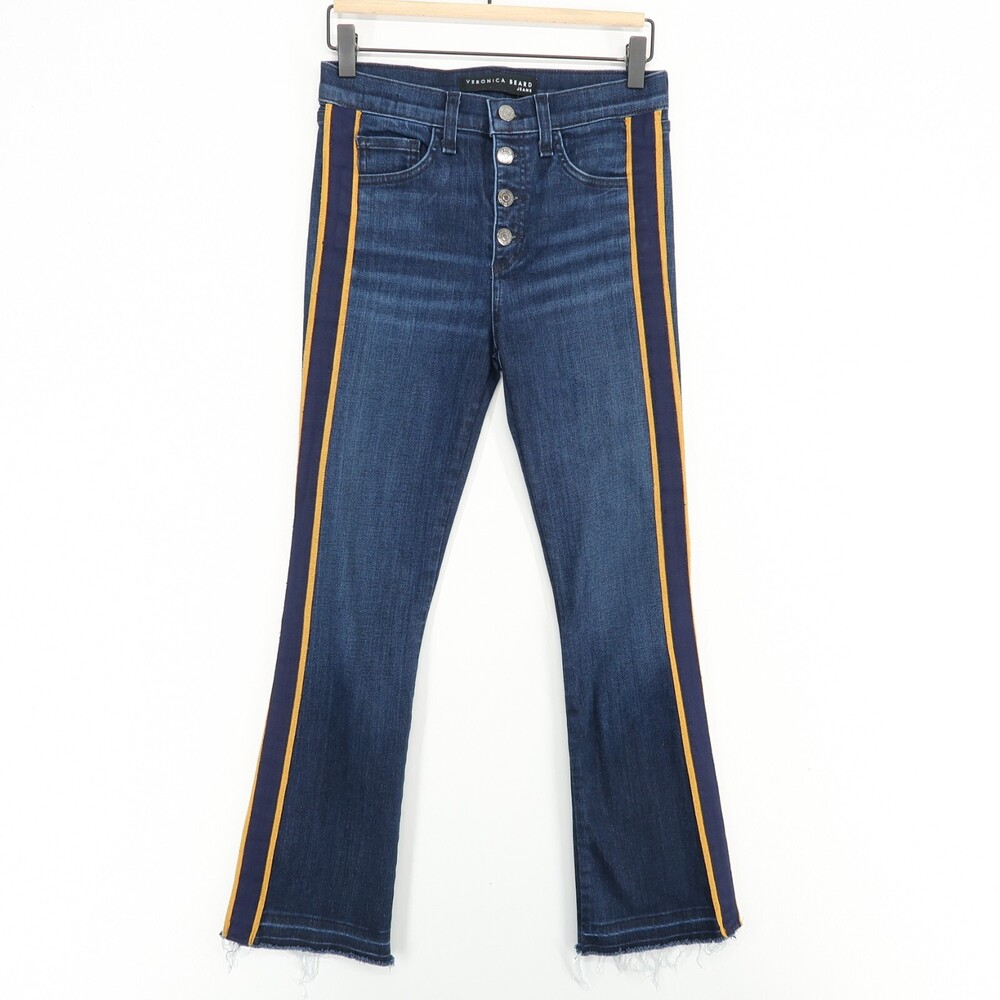 Veronica Beard Carolyn Jeans Womens 26 Blue Striped Baby Boot High Rise Fray